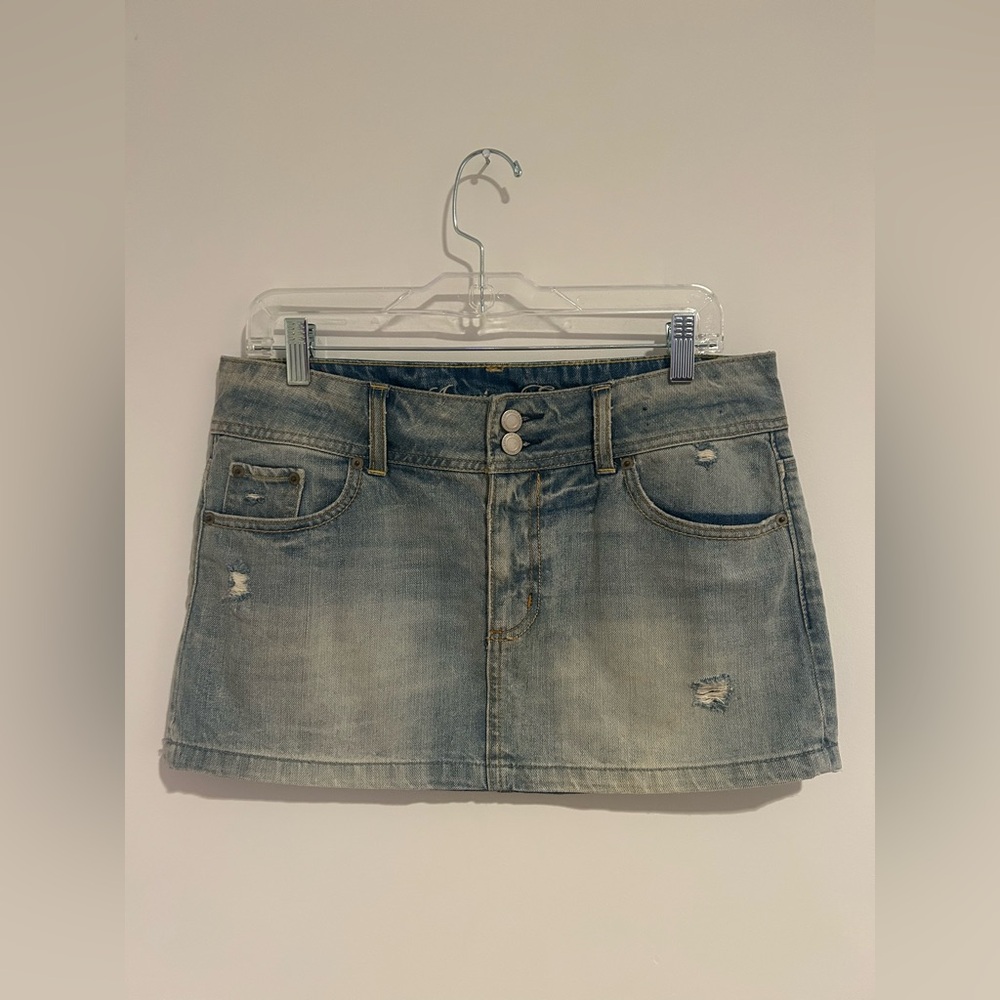 American Eagle Outfitters Light Denim Distressed Mini Skirt